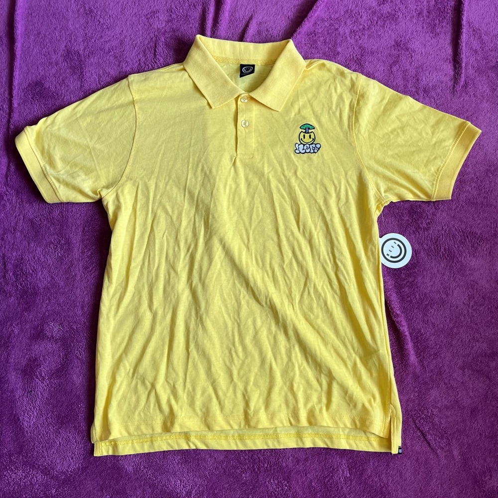 Mens Medium Yellow Polo with Smiley & Mushroom Embroidery NWT